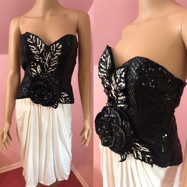 Vintage 80s Black & White Sequin Dress.Strapless Dress.80s Party Dress.Lillie Rubin Dress. XS/S
