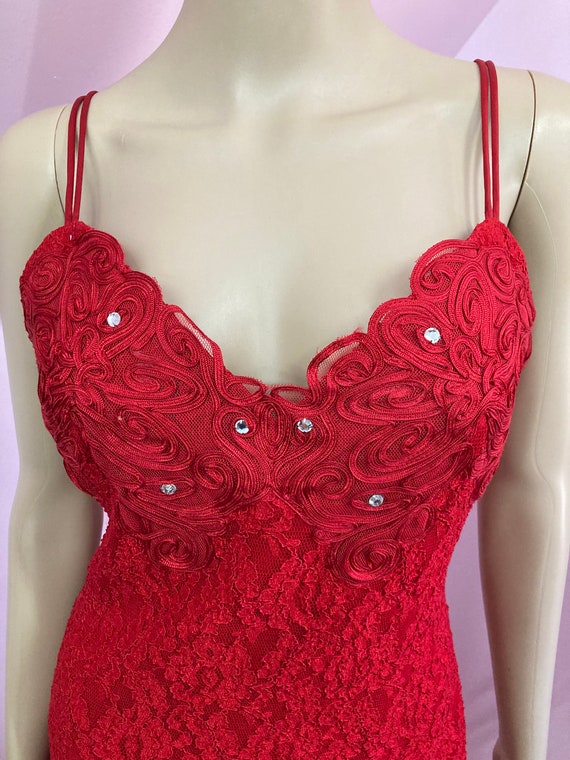 Sexy 80s Red Lace Dress with Rhinestones & Appliq… - image 2