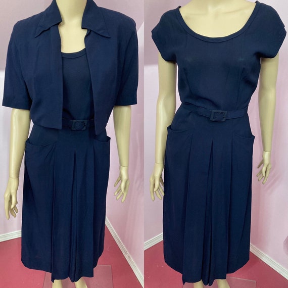 Vintage 40s Navy Blue Rayon Dress & Jacket Set - image 1