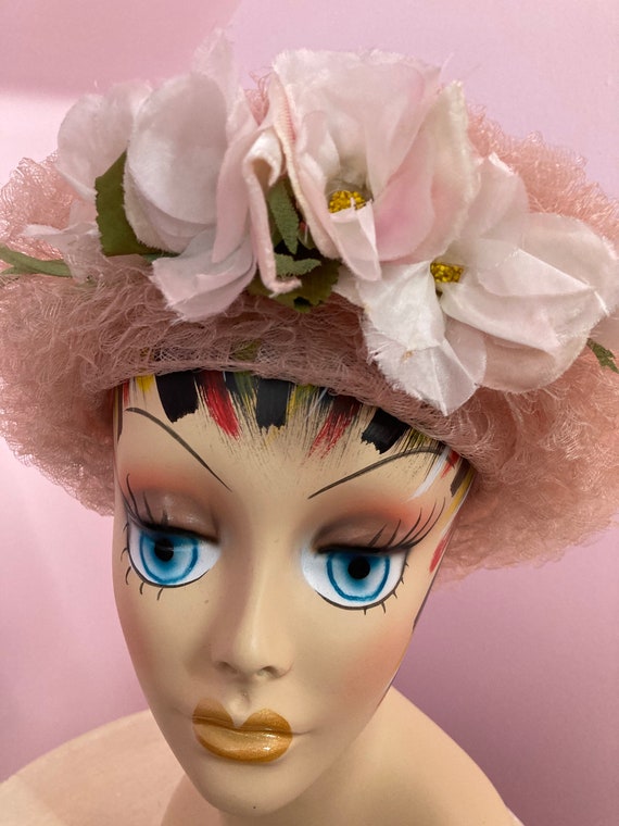 Vintage 40s Pink Halo Hat with flowers. Pink Hors… - image 6