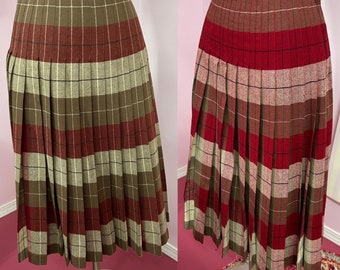 Vintage 50s Brown Pleated Tartan Wool Skirt. Shadow Plaid Reversible Skirt. Medium