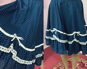 Vintage 70s Navy Blue Polka Dot Tiered Square Dancing Skirt- Medium