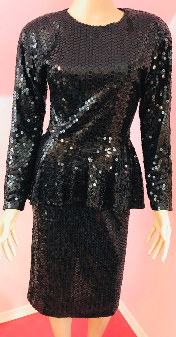 Vintage 80s Oleg Cassini Dress.80s Black Sequin D… - image 2