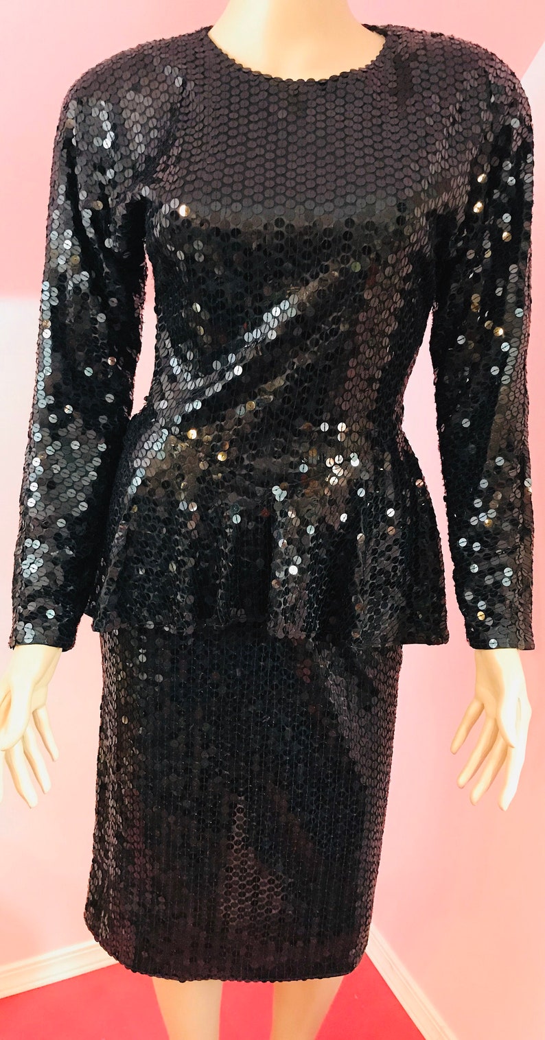 Vintage 80s Oleg Cassini Dress.80s Black Sequin Dress.Oleg Cassini Black Sequin Dress.80s Evening Dress. Small image 2