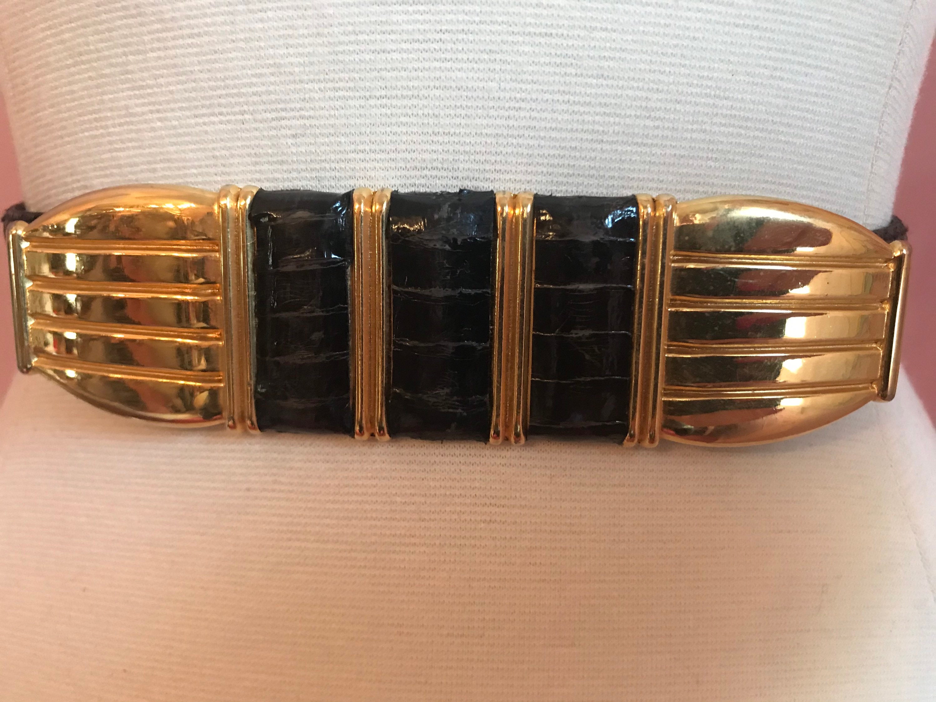 Vintage 70s Snakeskin Belt, Black & Gold Art Deco Buckle, 26 