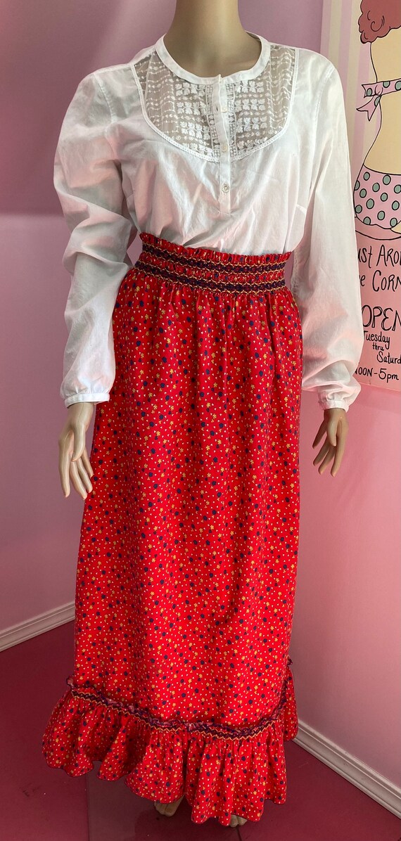 Vintage 70s Red Calico Print Long Skirt. Cottagec… - image 2