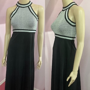 Vintage 70s Black & Silver Maxi Dress. XS/S