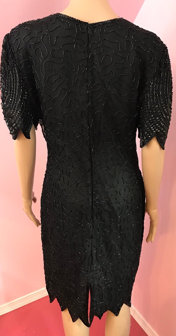 Vintage 80s Silk Beaded Dress.80s Black Beaded Se… - image 9