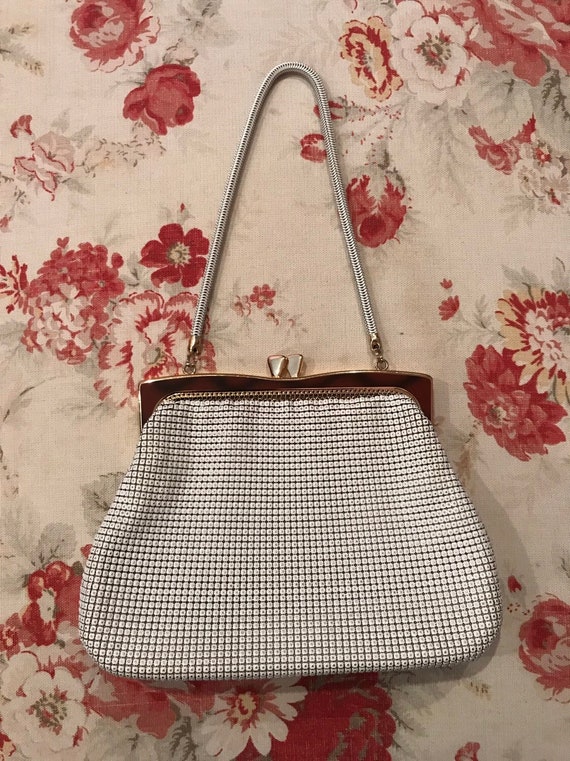 Vintage 1960s Glomesh Purse. White Mesh Handbag wi