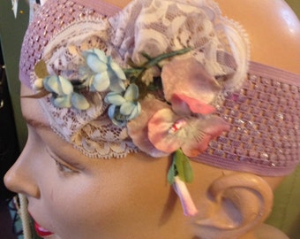 Handmade 1920s Flapper Headband: Purple Gatsby Style with Vintage Lace