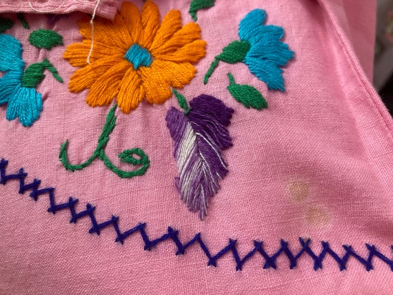 Vintage 70s Pink Cotton Embroidered Mexican Dress. - image 10