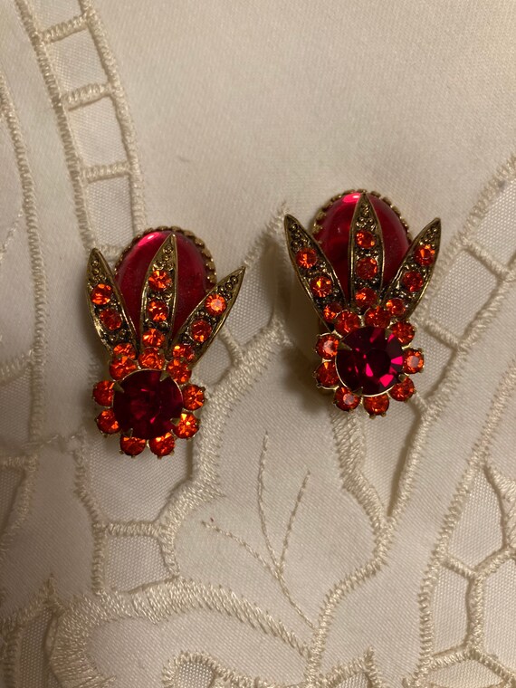 Red & Orange Rhinestone Earrings. Orange Clip on … - image 5