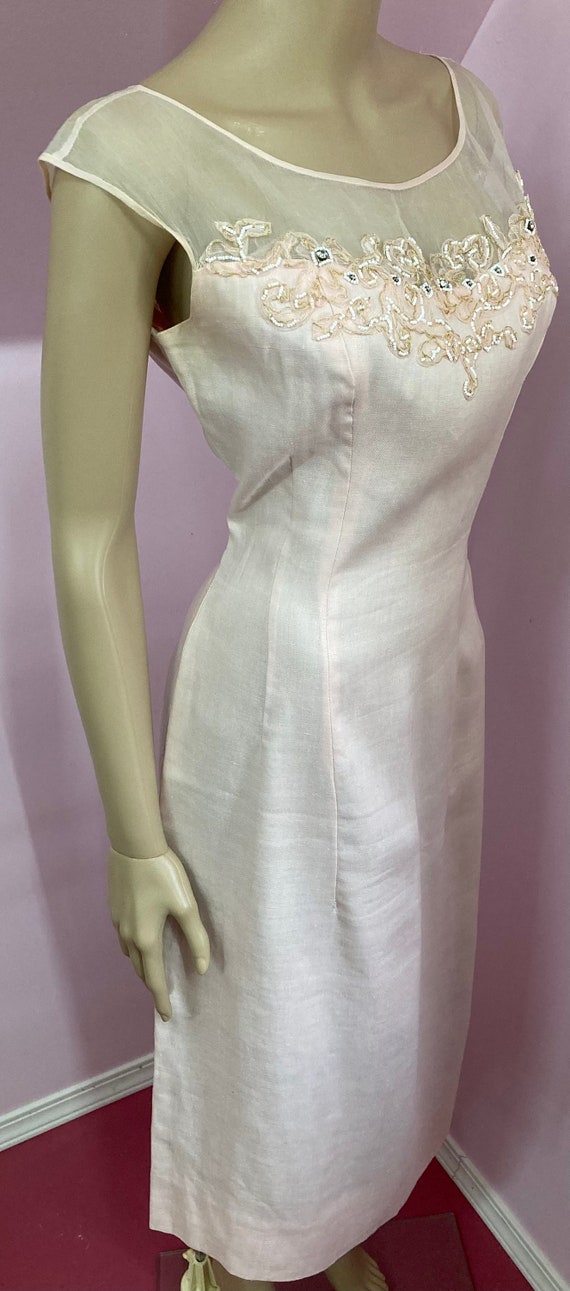 Vintage 50s Pink Cotton Linen Sleeveless Dress wi… - image 5