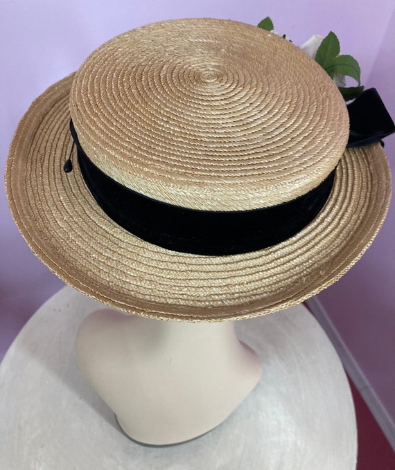 Vintage 40s Straw Boater Hat. Black Velvet Ribbon… - image 8