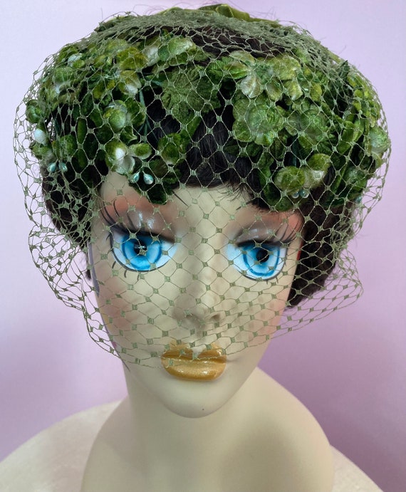 Vintage 50s Fancy Green Floral Whimsy Hat with Net