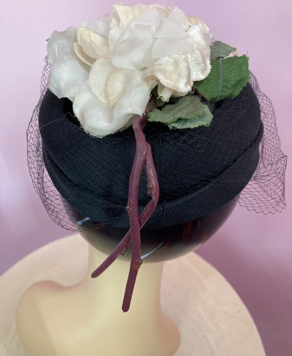 Vintage 50s Black Veiled Hat with Large Ivory Ros… - image 7