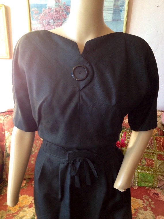 Vintage 50s Black Silk Shantung Dress by RK Origi… - image 2