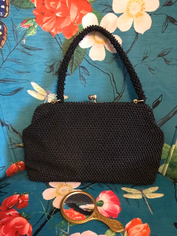Vintage 1940s Black Plastic Beaded Handbag & Mirr… - image 2