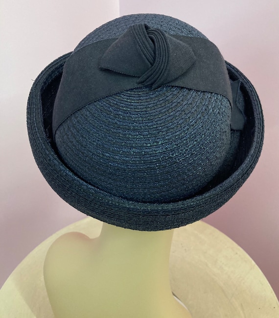 Vintage 60s Navy Blue Straw Bucket Hat with Ribbo… - image 5