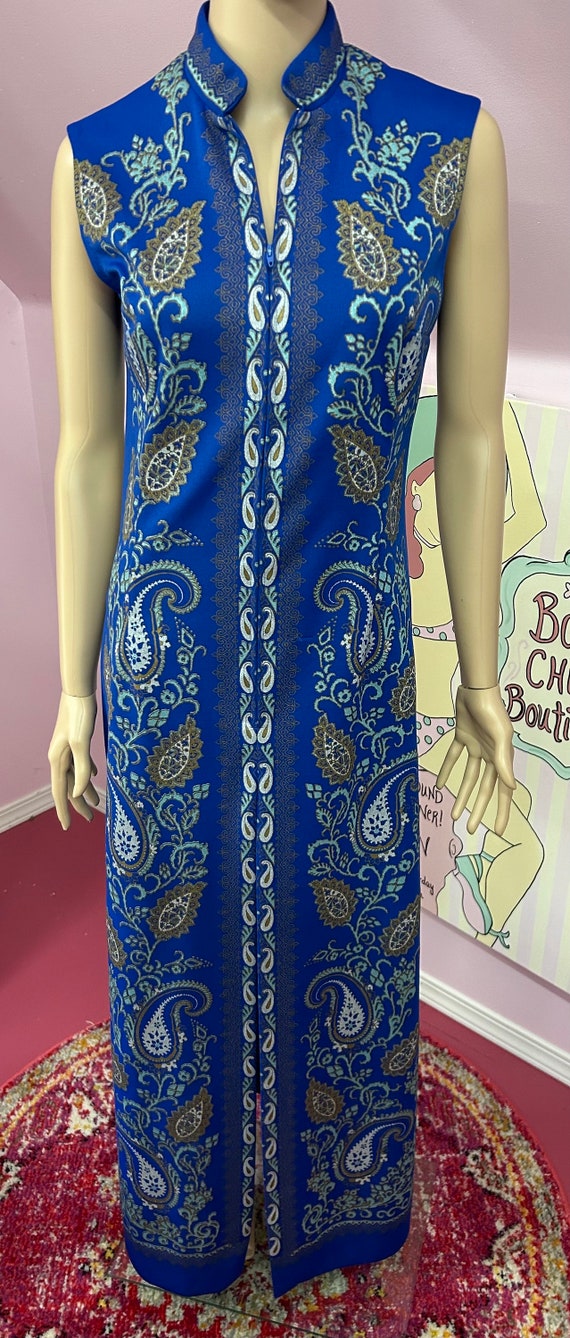 Vintage 70s Alfred Shaheen Dress. 1970s Blue Poly… - image 2