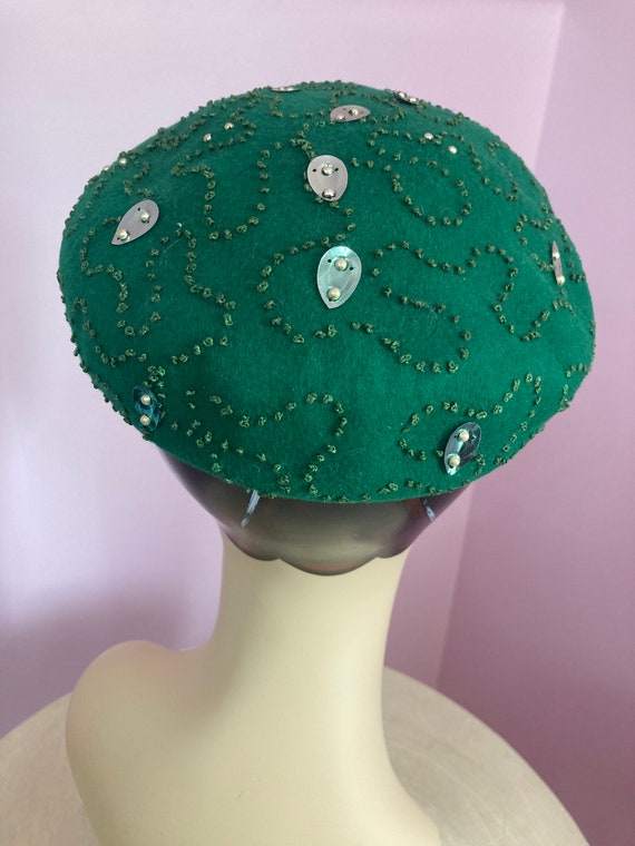 Vintage 60s Embroidered Green Beret Hat with Sequ… - image 7