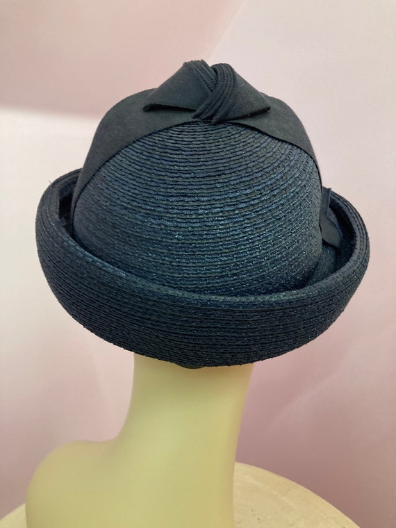 Vintage 60s Navy Blue Straw Bucket Hat with Ribbo… - image 3