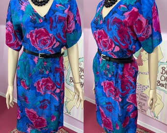 Vintage 80s Fuchsia Roses Blue Floral Dress.80s Secretary Dress.Pellini Short Sleeve Floral Dress. S/M