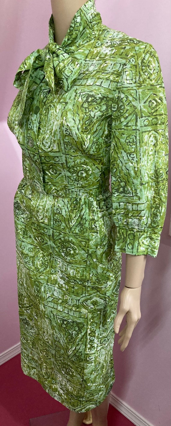 Vintage 60s Semi Sheer Green Cotton Button Front … - image 7