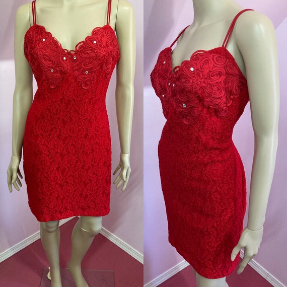 Sexy 80s Red Lace Dress with Rhinestones & Appliq… - image 1