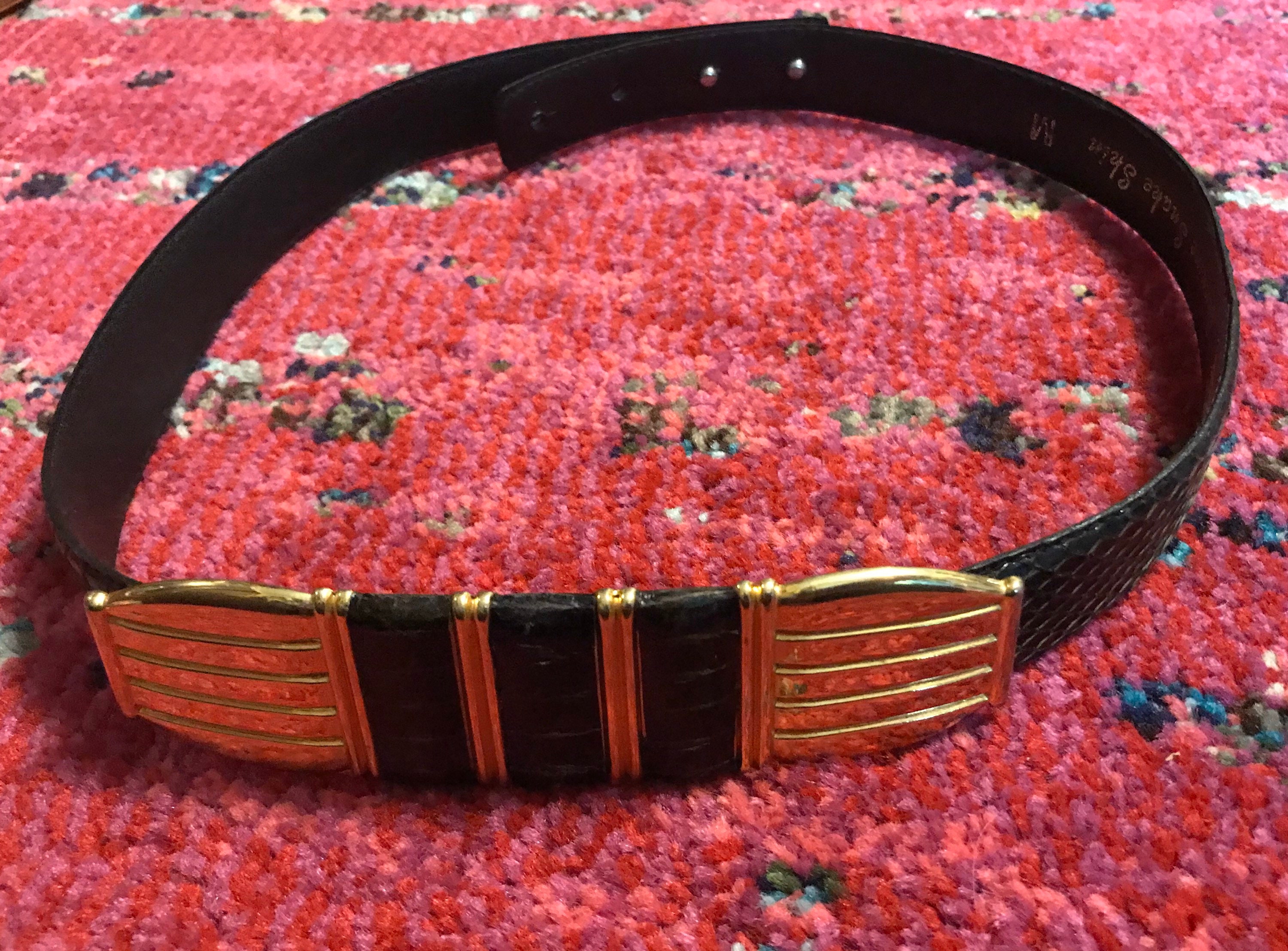 Vintage 70\'s Dame Black Snakeskin Leather & Brass Art Deco Statement Belt S/M Vintage 70s Snakeskin Belt, Black & Gold Art Deco Buckle, 26  main image 3