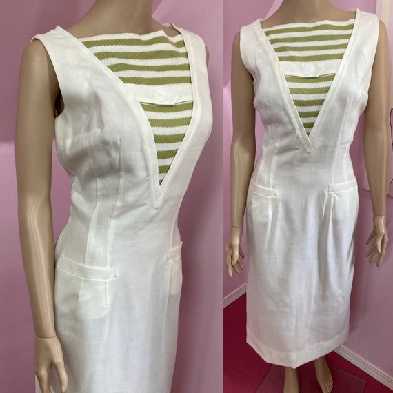 Vintage 60s Ivory Linen Sleeveless Sheath Dress w… - image 1