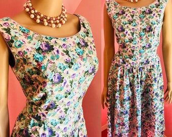 Vintage 80s Dress. Lanz Dress. Cotton Sundress. Floral Dress. Turquoise Rose Dress /Purple Rose Dress. 80s Does 50s Pinup Dress. Petite Dres