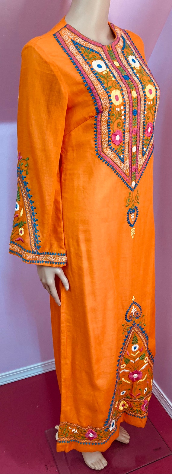 Vintage 60s Caftan. Orange Embroidered Caftan by … - image 7