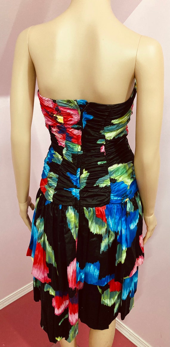 Vintage 80s Black Floral Strapless Dress. Poppy D… - image 8