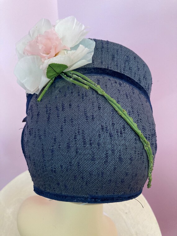 Vintage 50s Navy Blue Cloche Style Hat with Large… - image 7