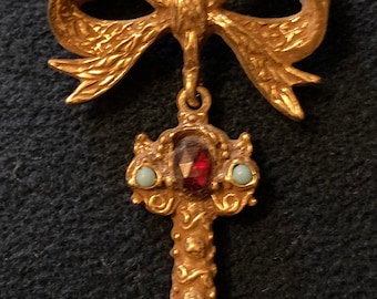 Vintage 50s Key Brooch with Garnet & Turquoise Colored Stones.