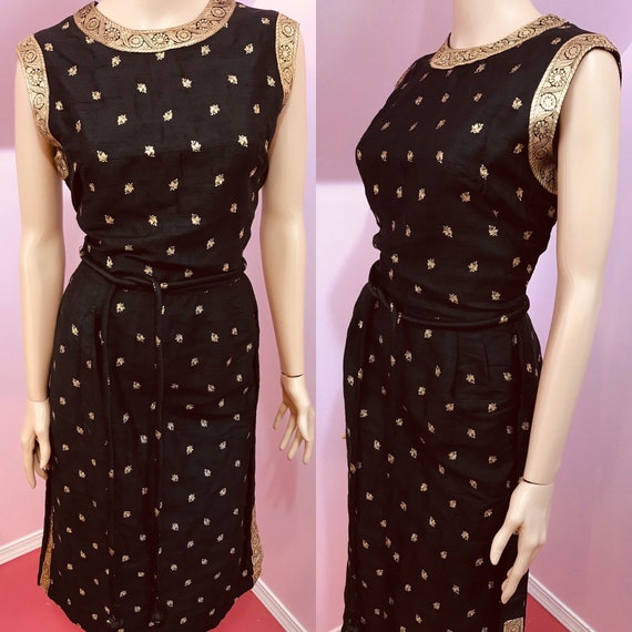 Vintage 50s Black Silk Dress.Black & Gold Dress. 5