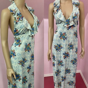Vintage 70s Nylon Floral Halter Dress. Blue Rose Dress.Halter Maxi Dress.Long Halter Dress S/M