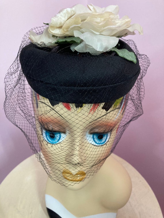 Vintage 50s Black Veiled Hat with Large Ivory Ros… - image 1