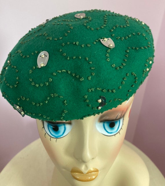 Vintage 60s Embroidered Green Beret Hat with Sequ… - image 2