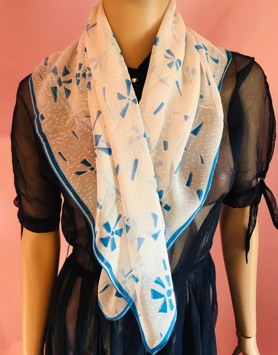 Vintage 40s Vera Scarf. Blue & White Silk Scarf. … - image 1