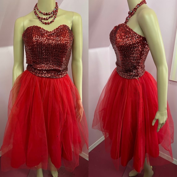 Vintage 50s Red Sequined Bustier & Tulle Shirt Se… - image 1