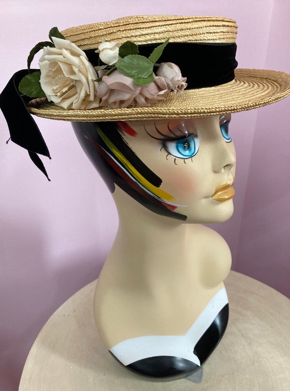 Vintage 40s Straw Boater Hat. Black Velvet Ribbon… - image 3