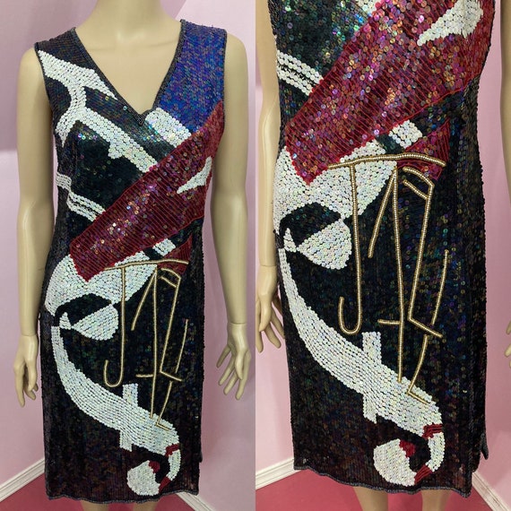 Vintage 80s Beaded Jazz Dress. 20s Style Bead Dre… - image 1