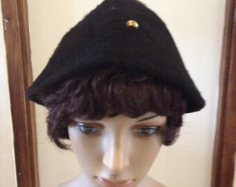 Vintage 1940s Black Fur Felt Hat by Olga & Louise with Goldtone Metal Accent...20.5" band