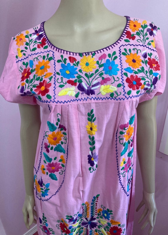 Vintage 70s Pink Cotton Embroidered Mexican Dress. - image 4