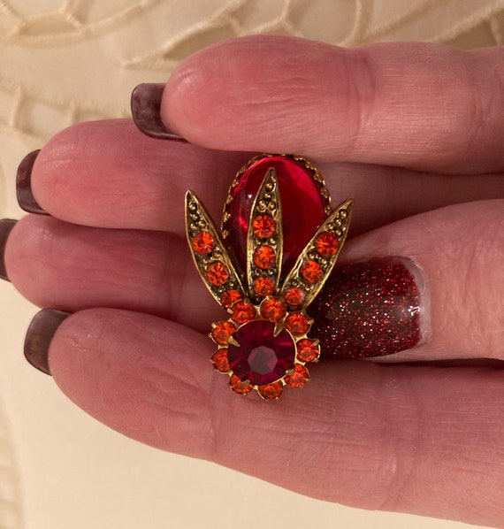 Red & Orange Rhinestone Earrings. Orange Clip on … - image 2