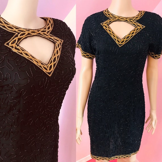 Vintage 80s Beaded Dress.Black Beaded Dress.Black & Gold Beaded Dress.Short Beaded Dress.Stenay Beaded Dress .