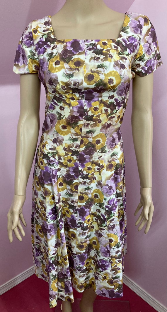 Vintage 50s Purple & Yellow Floral Dress. 50s Sho… - image 3