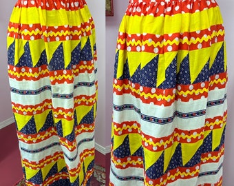 Boho Skirt.Hippie Skirt.Vintage 70s  Skirt.Patchwork Skirt.Red Polka Dot & Yellow Ric Rac Skirt.1970s Long Skirt. Maxi Skirt.1970s Skirt...S